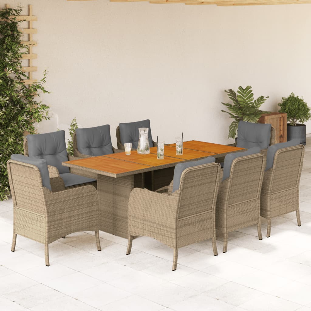 9 Pcs conjunto de jantar p/ jardim com almofadões vime PE bege