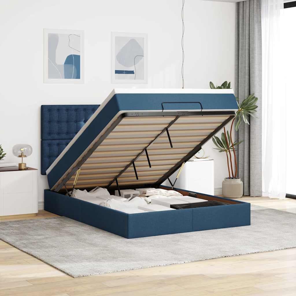 Estrutura de cama otomana com colchão tecido azul 140x200cm