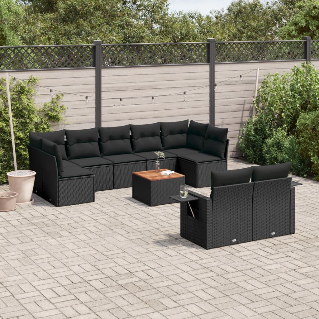 10 Pcs conjunto sofás de jardim c/ almofadões vime PE preto