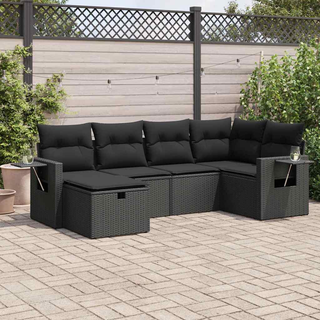 6 Pcs conjunto sofás de jardim c/ almofadões vime PE preto
