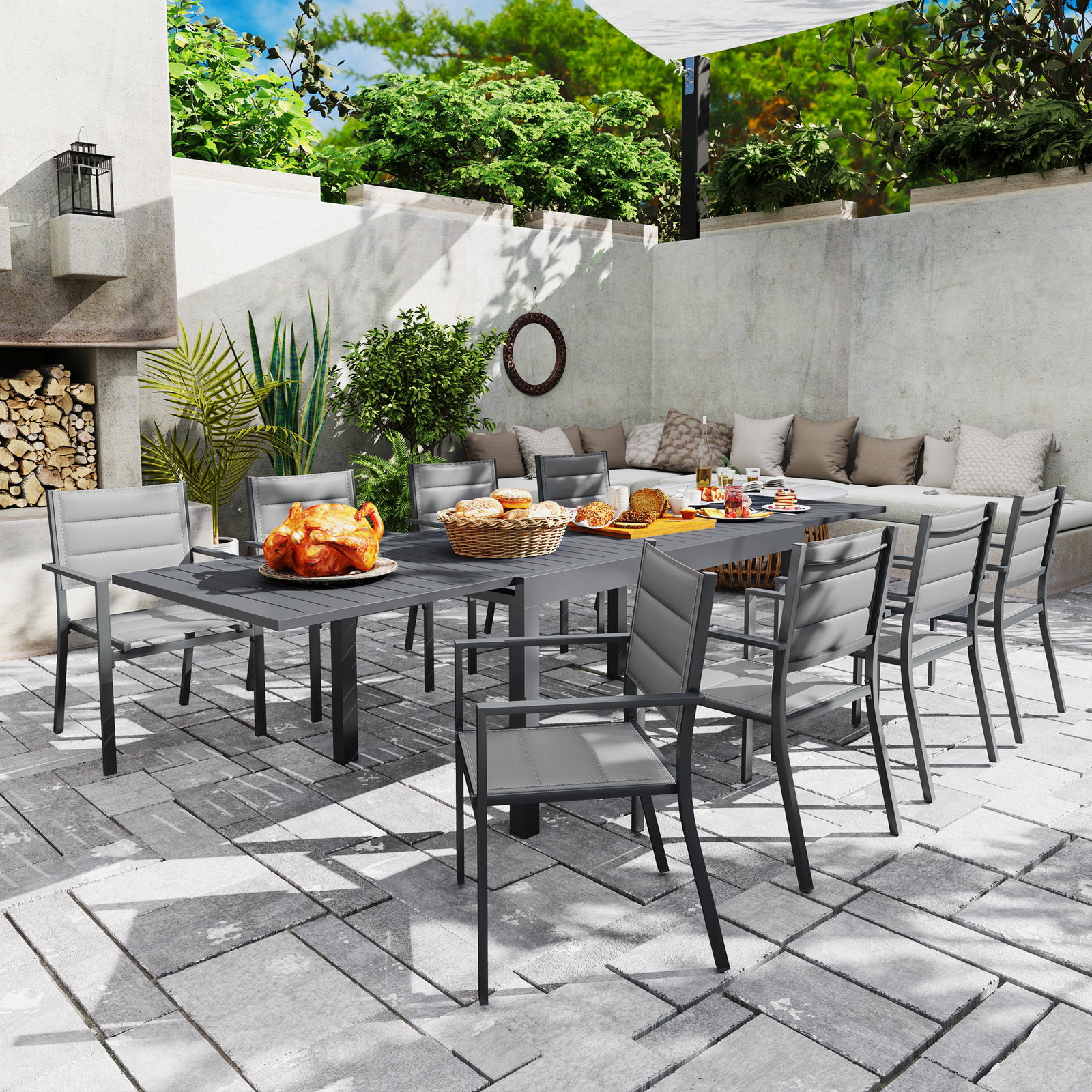 Conjunto de jardim refeição de 9 peças com mesa extensível 8 cadeiras empilháveis 135-270x89x74cm cinza