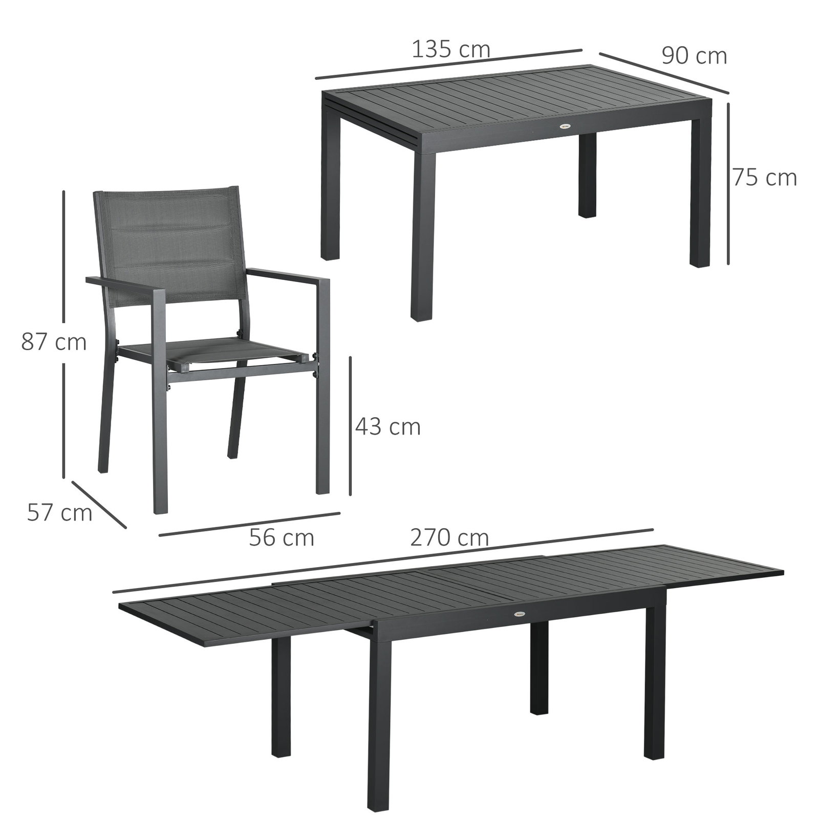 Conjunto de jardim refeição de 9 peças com mesa extensível 8 cadeiras empilháveis 135-270x89x74cm cinza