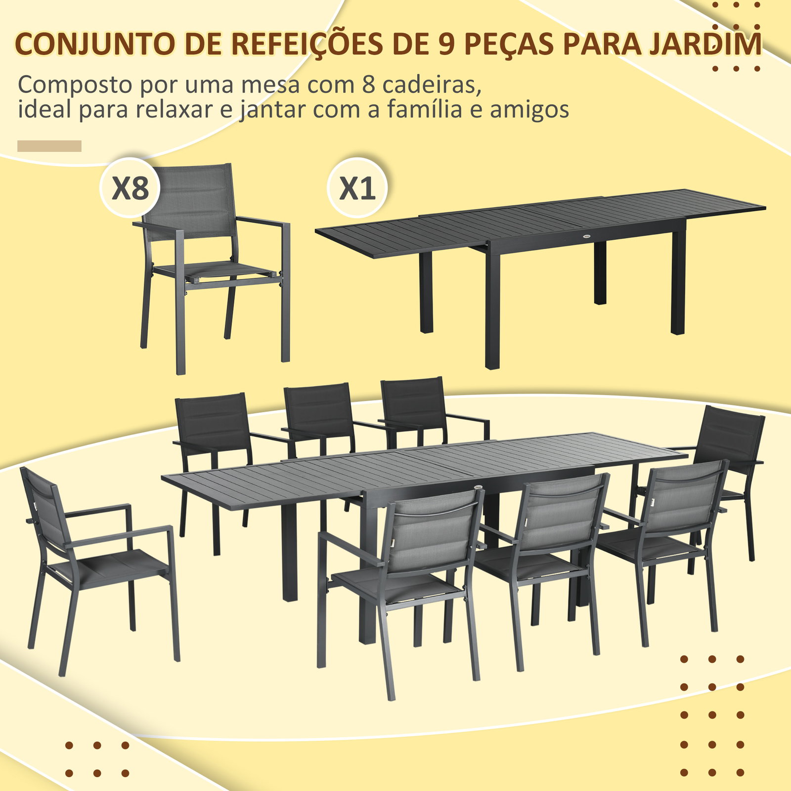 Conjunto de jardim refeição de 9 peças com mesa extensível 8 cadeiras empilháveis 135-270x89x74cm cinza