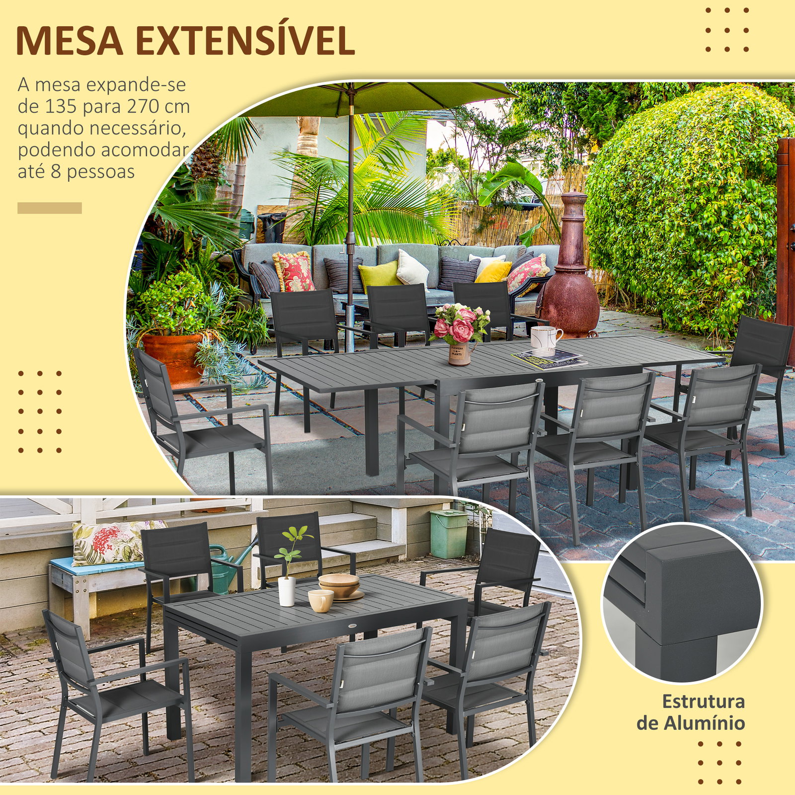 Conjunto de jardim refeição de 9 peças com mesa extensível 8 cadeiras empilháveis 135-270x89x74cm cinza