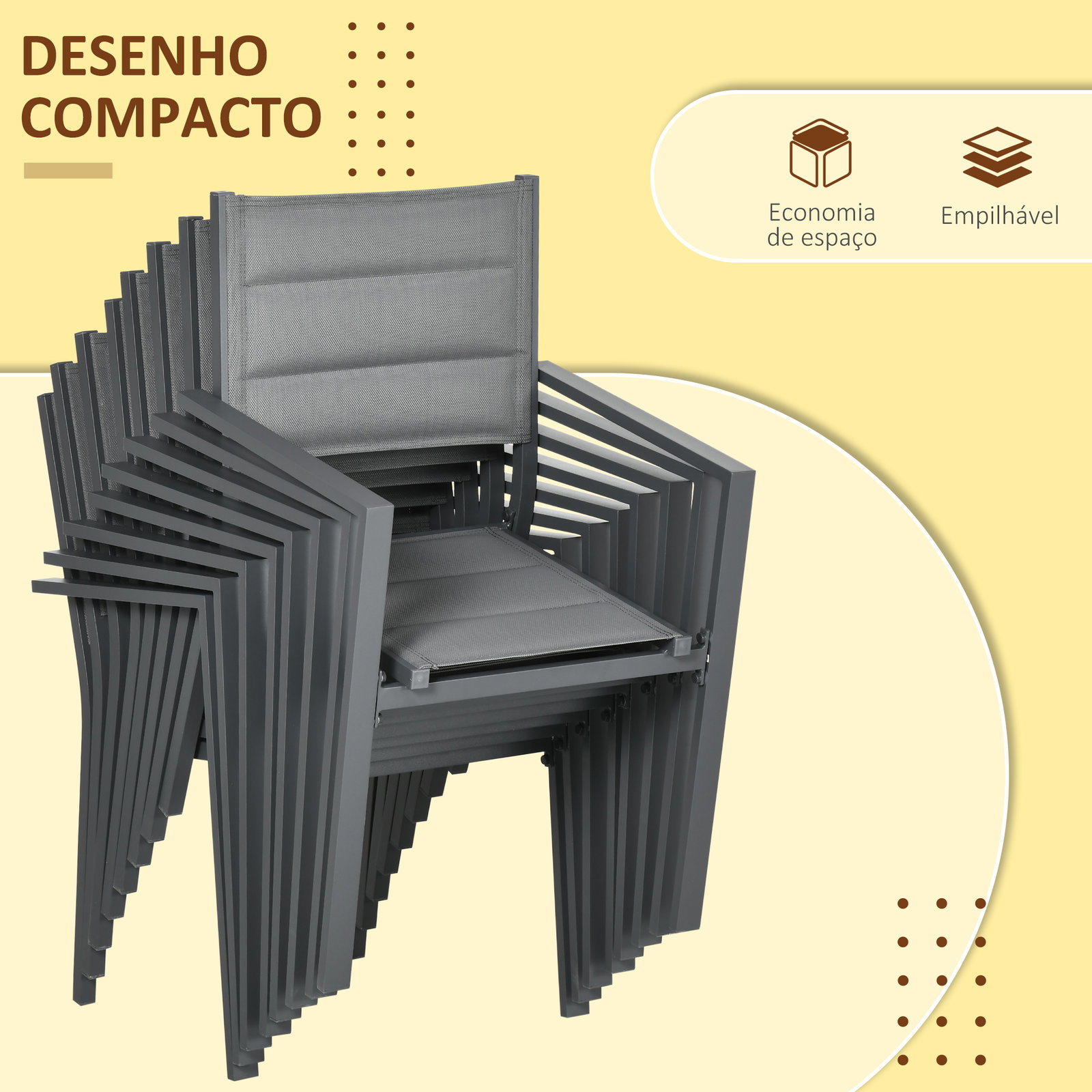 Conjunto de jardim refeição de 9 peças com mesa extensível 8 cadeiras empilháveis 135-270x89x74cm cinza