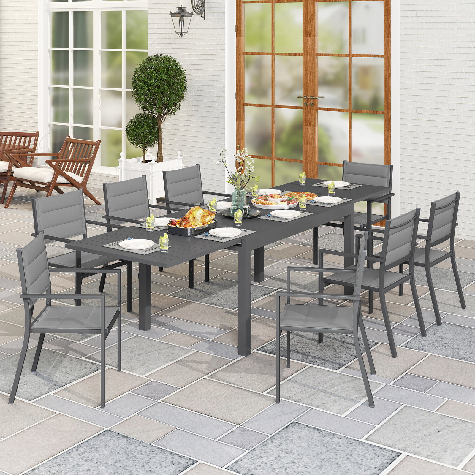 Conjunto de jardim refeição de 9 peças com mesa extensível 8 cadeiras empilháveis 135-270x89x74cm cinza