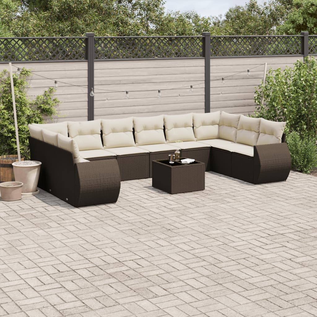 11 Pcs conjunto sofás de jardim c/ almofadões vime PE castanho