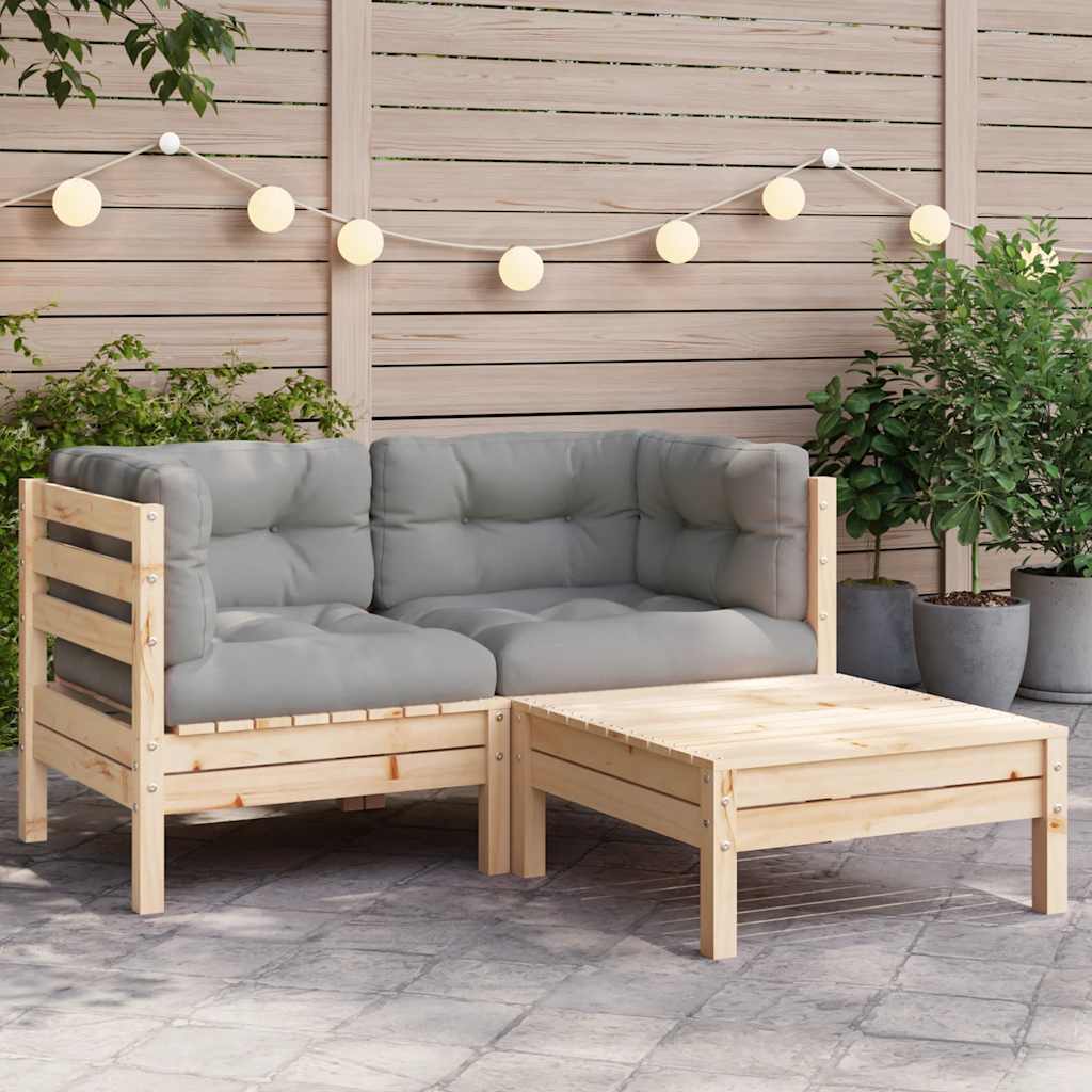 3 Pcs conj. lounge jardim c/ almofadões cinzentos pinho maciço