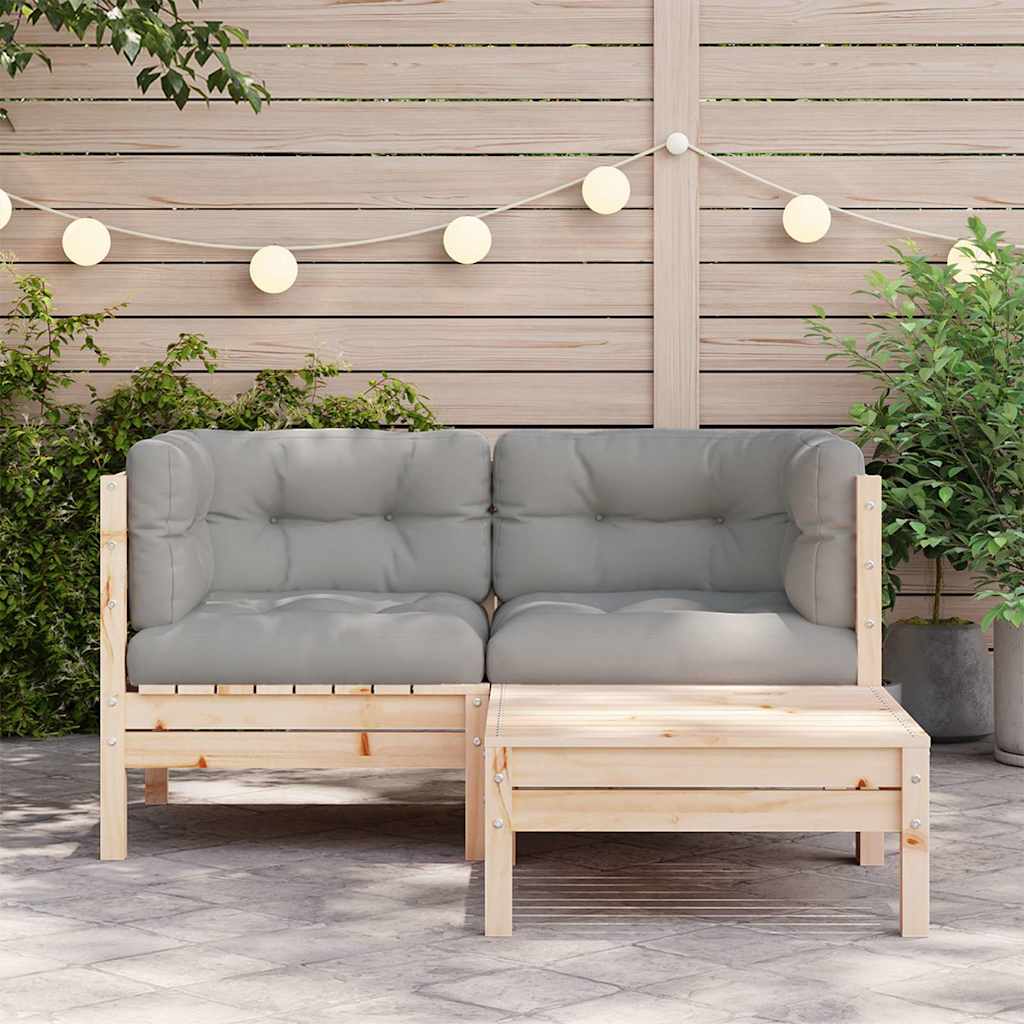 3 Pcs conj. lounge jardim c/ almofadões cinzentos pinho maciço