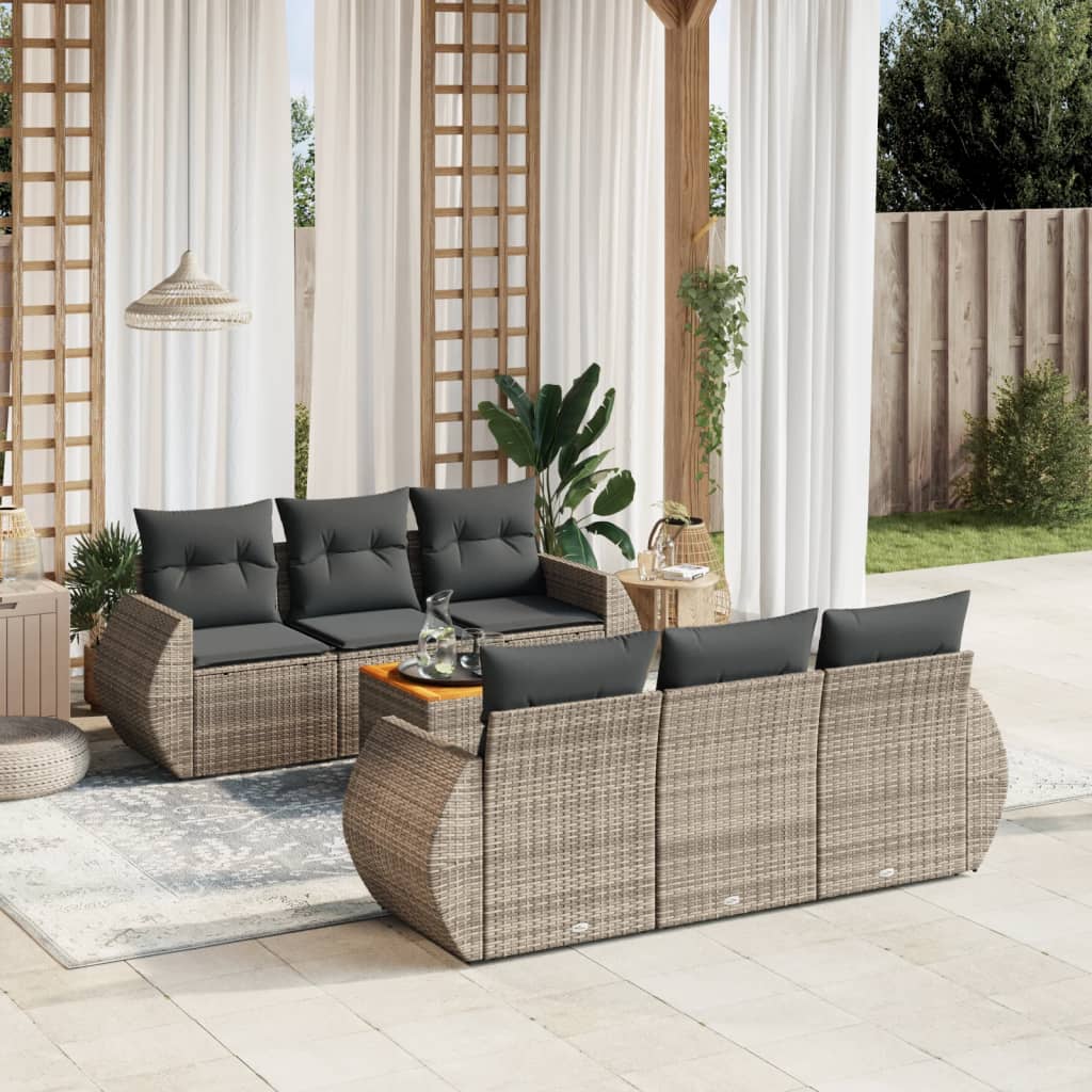 7 Pcs conjunto sofás p/ jardim c/ almofadões vime PE cinzento