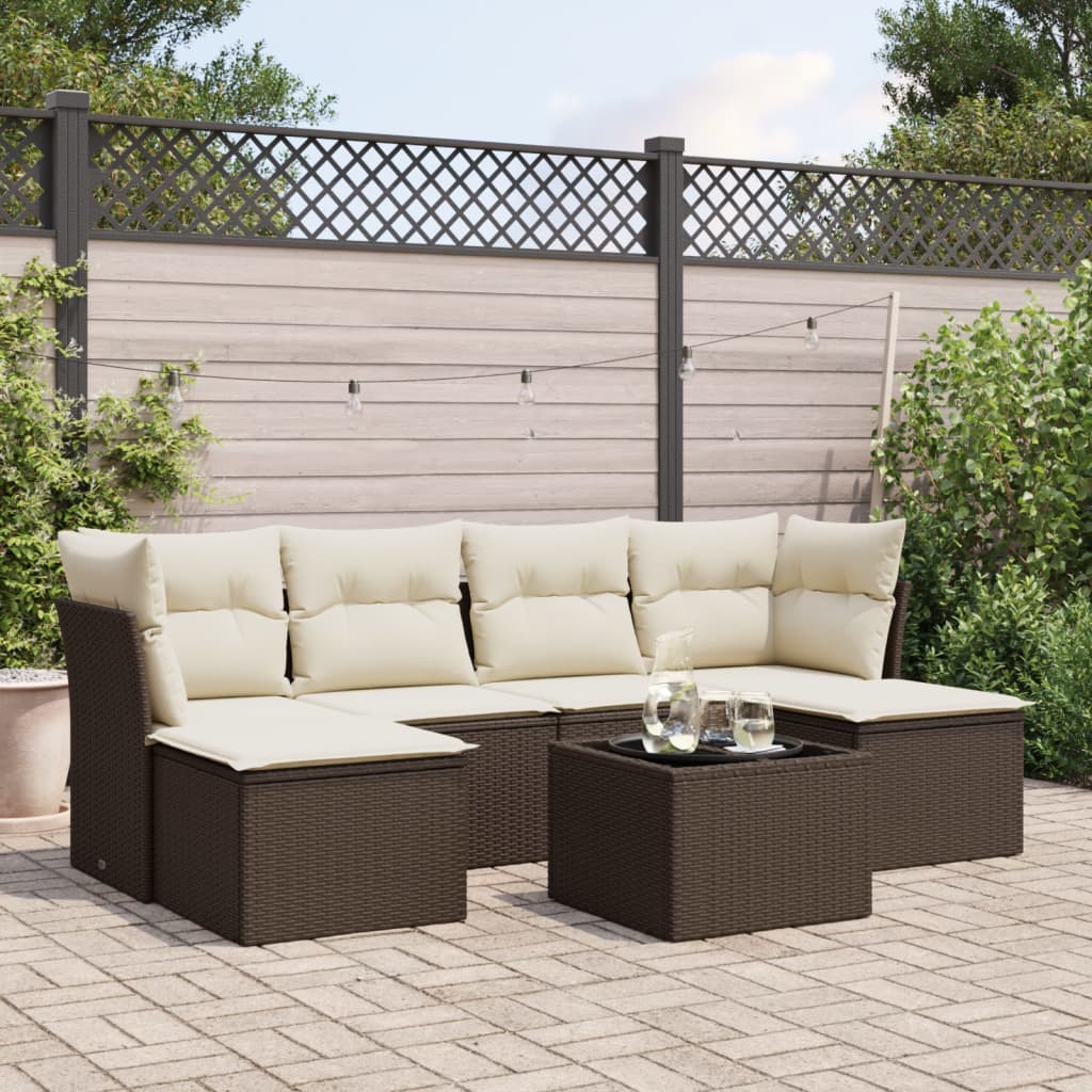 7 Pcs conjunto de sofás jardim c/ almofadões vime PE castanho