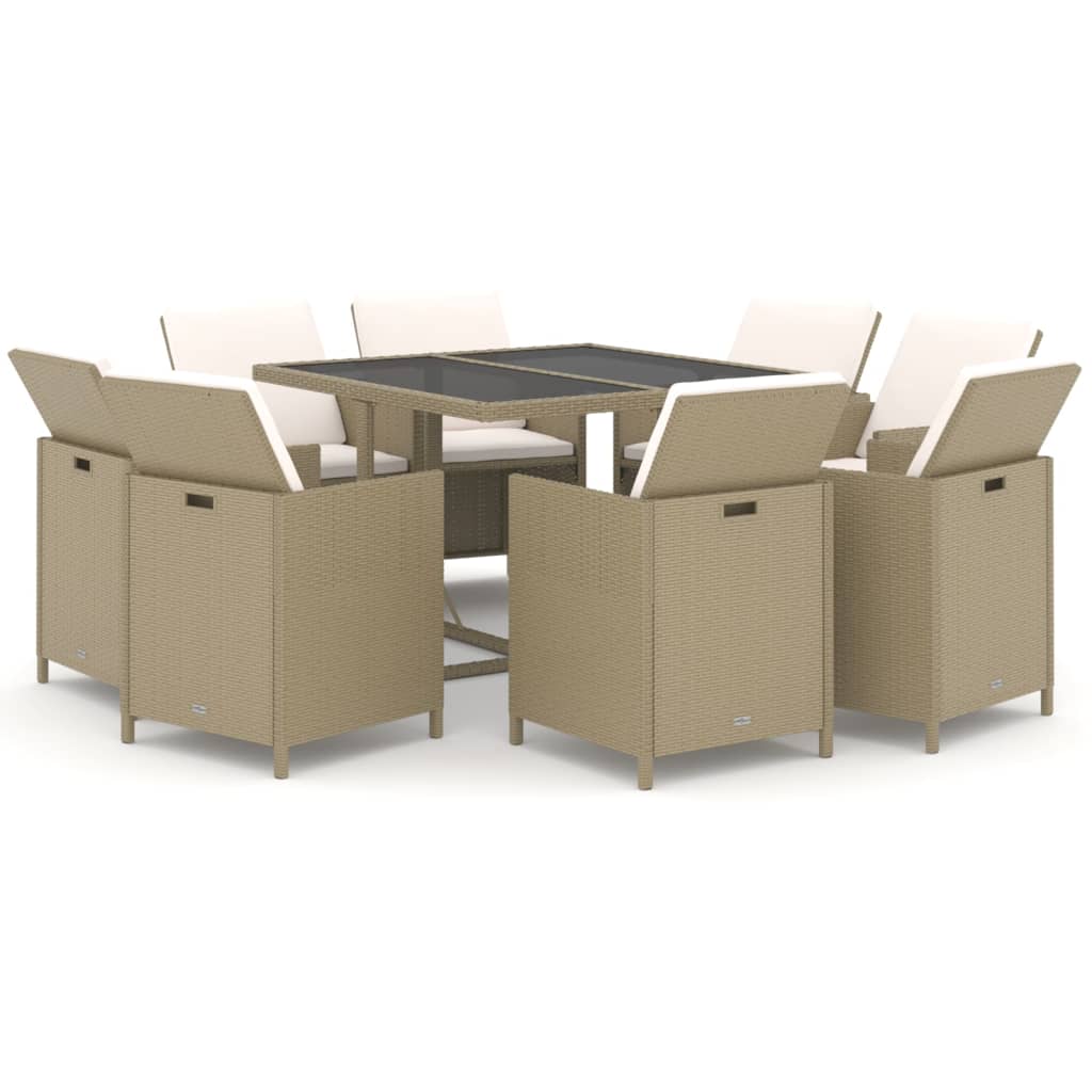9 Pcs conjunto de jantar p/ jardim com almofadões vime PE bege