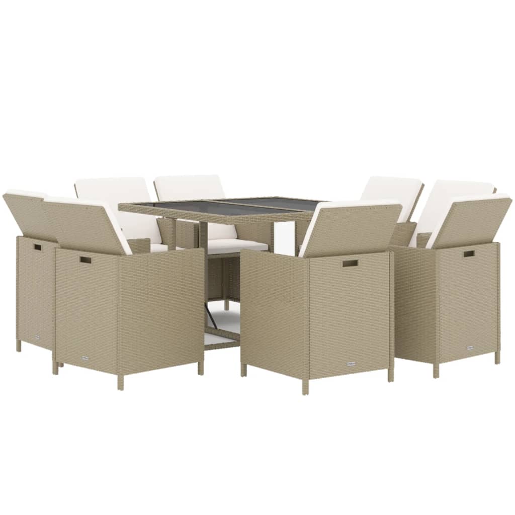 9 Pcs conjunto de jantar p/ jardim com almofadões vime PE bege