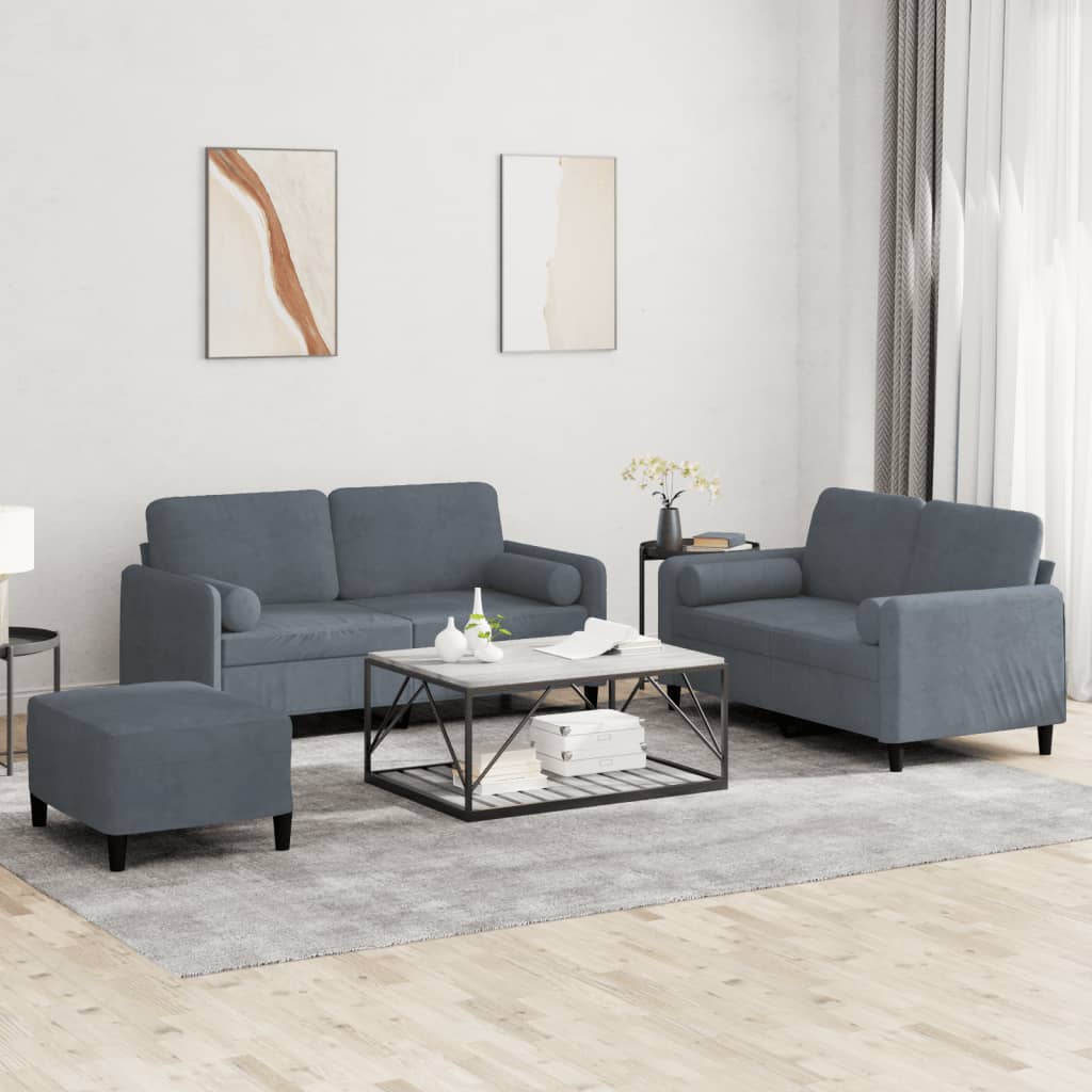 3 Pcs conjunto de sofás com almofadas veludo cinzento-escuro