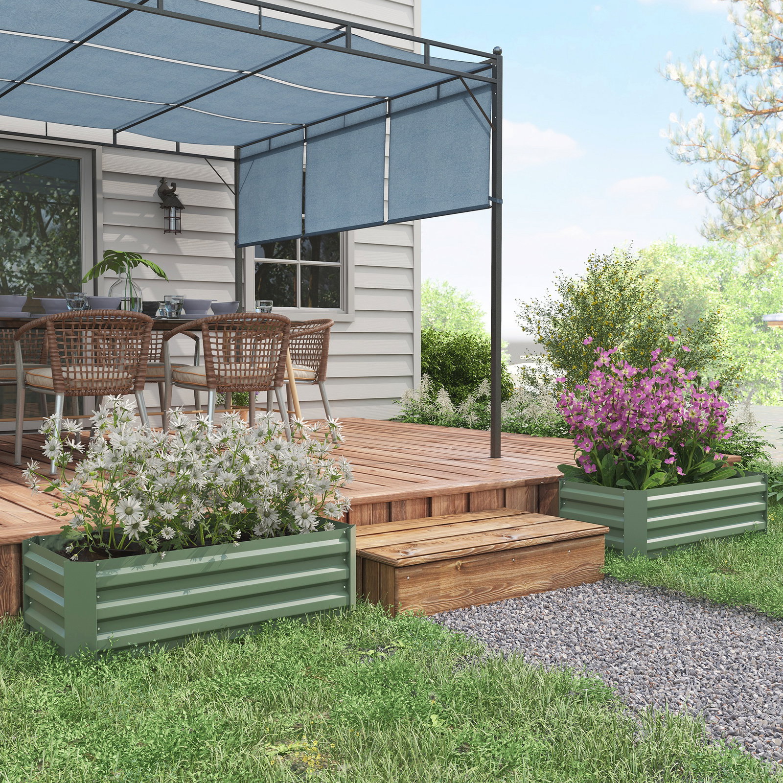 Conjunto de 2 caixas de plantio de aço caixa de plantio quadrada para cultivos de plantas flores pátio exterior 100x50x30 cm verde