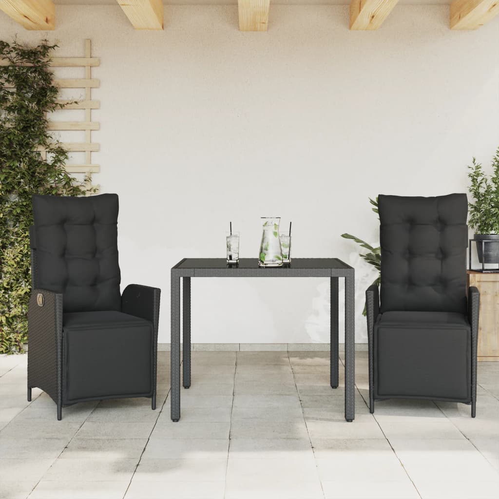 3 Pcs conjunto de jantar p/ jardim c/ almofadões vime PE preto