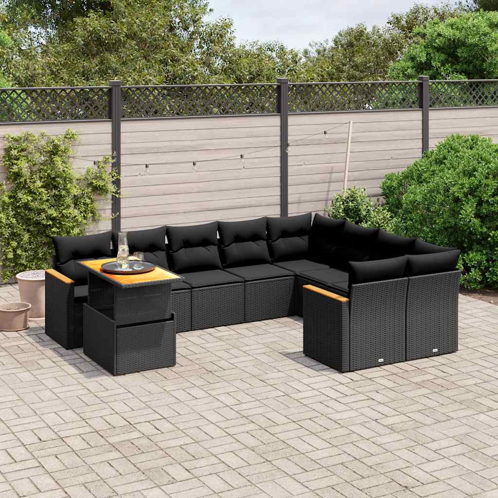 10 Pcs conjunto sofás de jardim c/ almofadões vime PE preto