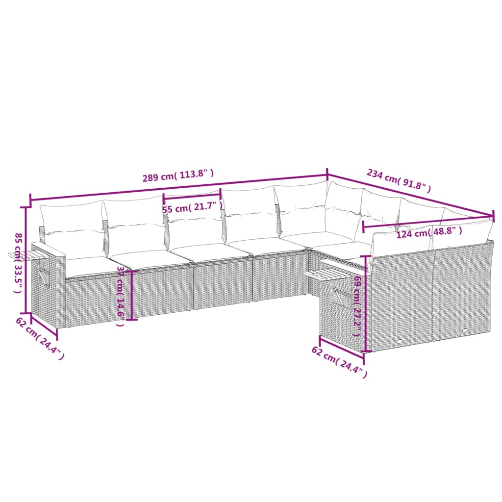 9 Pcs conjunto de sofás p/ jardim com almofadões vime PE bege