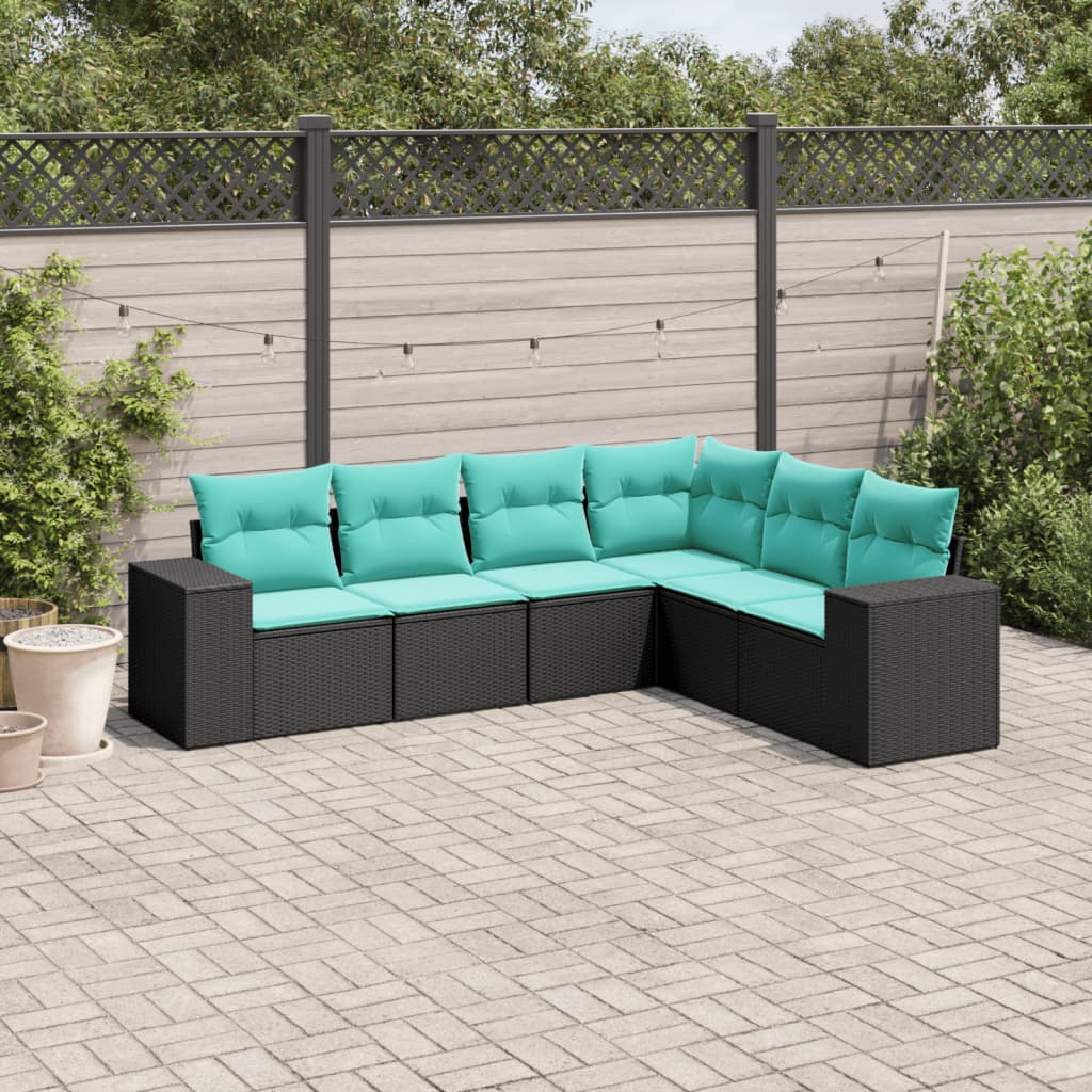 Conjunto de sofá de jardim com 6 peças e almofadas em rattan sintético preto