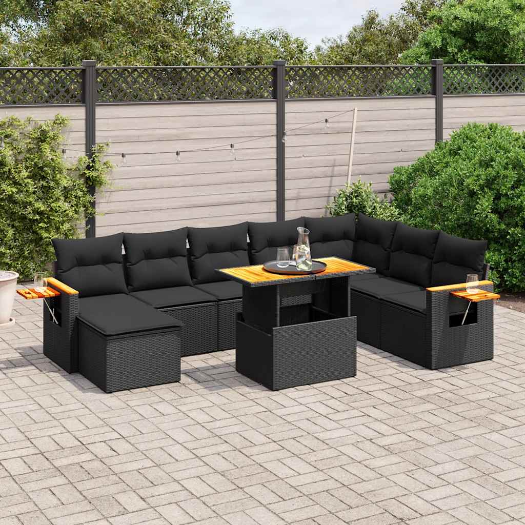 9 Pcs conjunto de sofás p/ jardim c/ almofadões vime PE preto