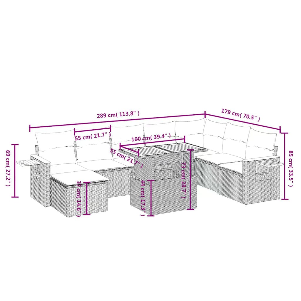9 Pcs conjunto de sofás p/ jardim c/ almofadões vime PE preto