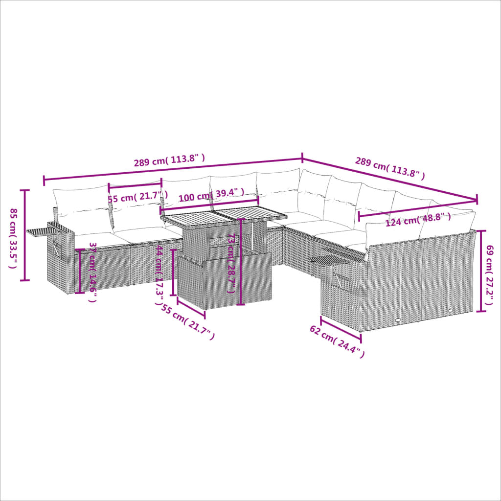 11 Pcs conjunto sofás de jardim c/ almofadões vime PE bege