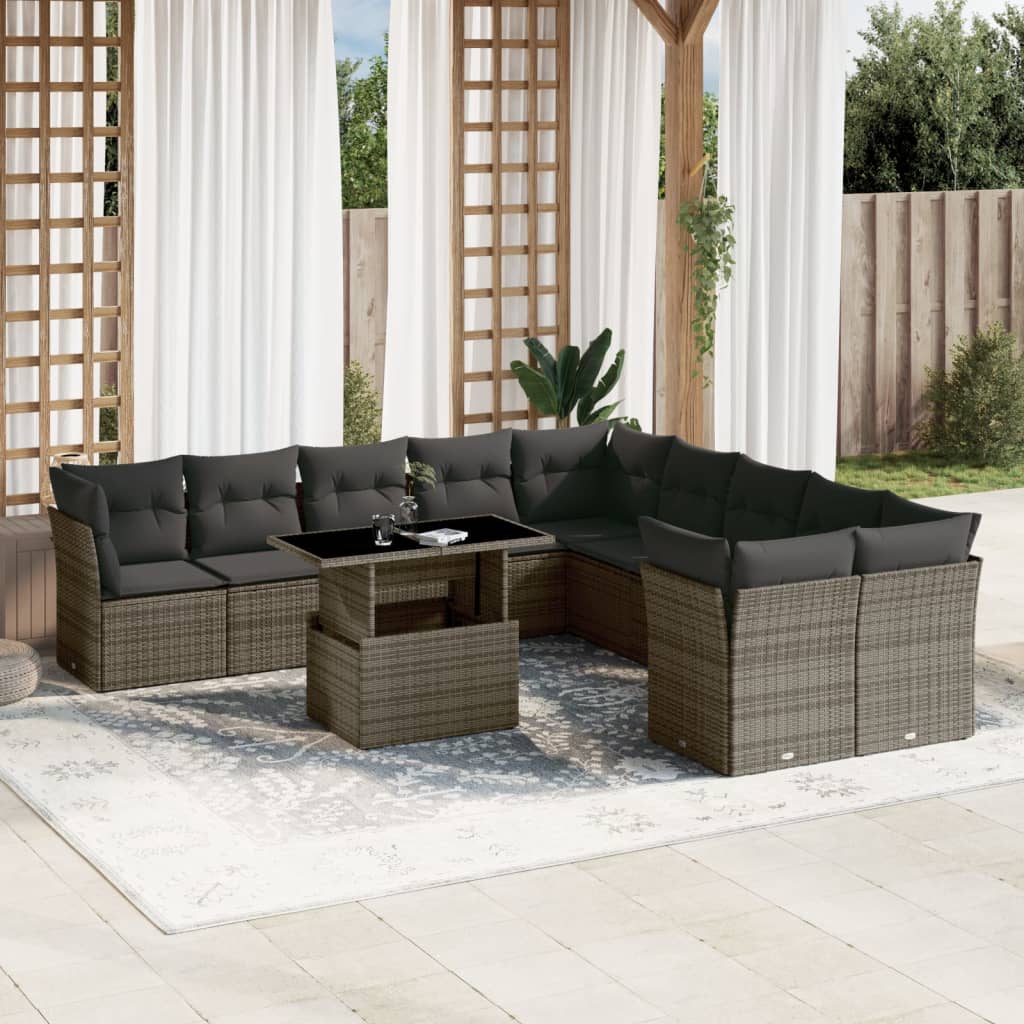 11 Pcs conjunto sofás de jardim c/ almofadões vime PE cinzento