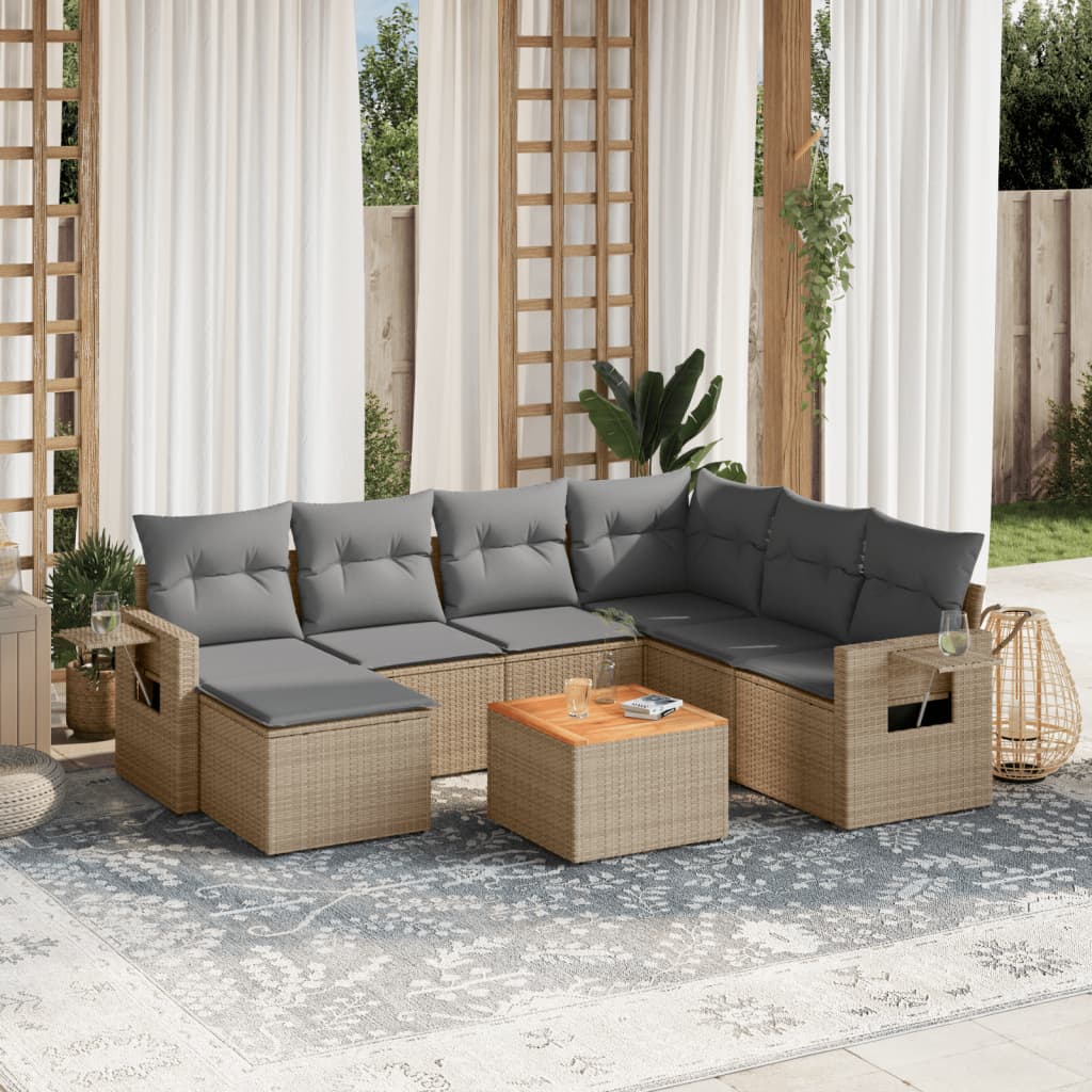 8 Pcs conjunto de sofás p/ jardim com almofadões vime PE bege