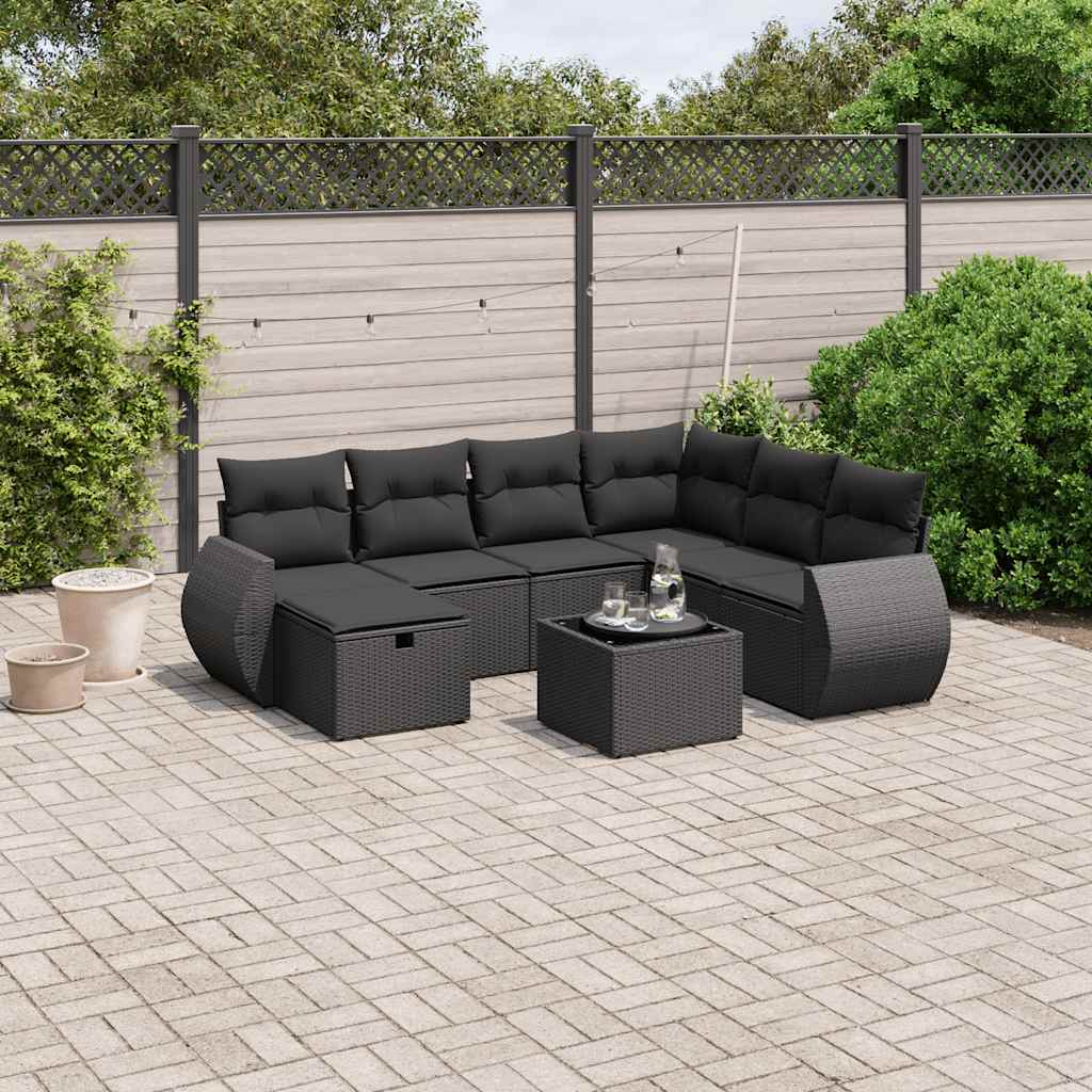 8 Pcs conjunto sofás de jardim com almofadões vime PE preto