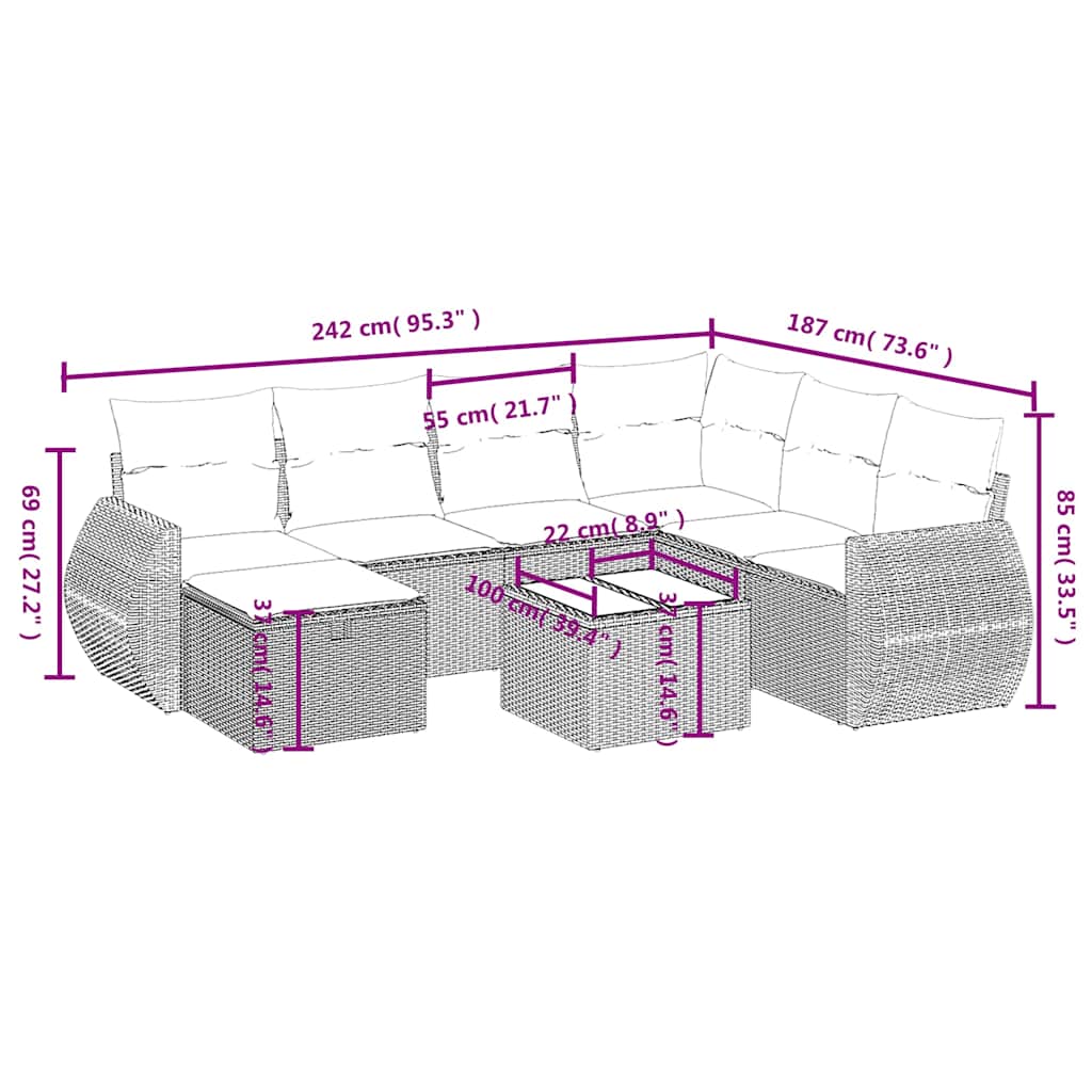 8 Pcs conjunto sofás de jardim com almofadões vime PE preto