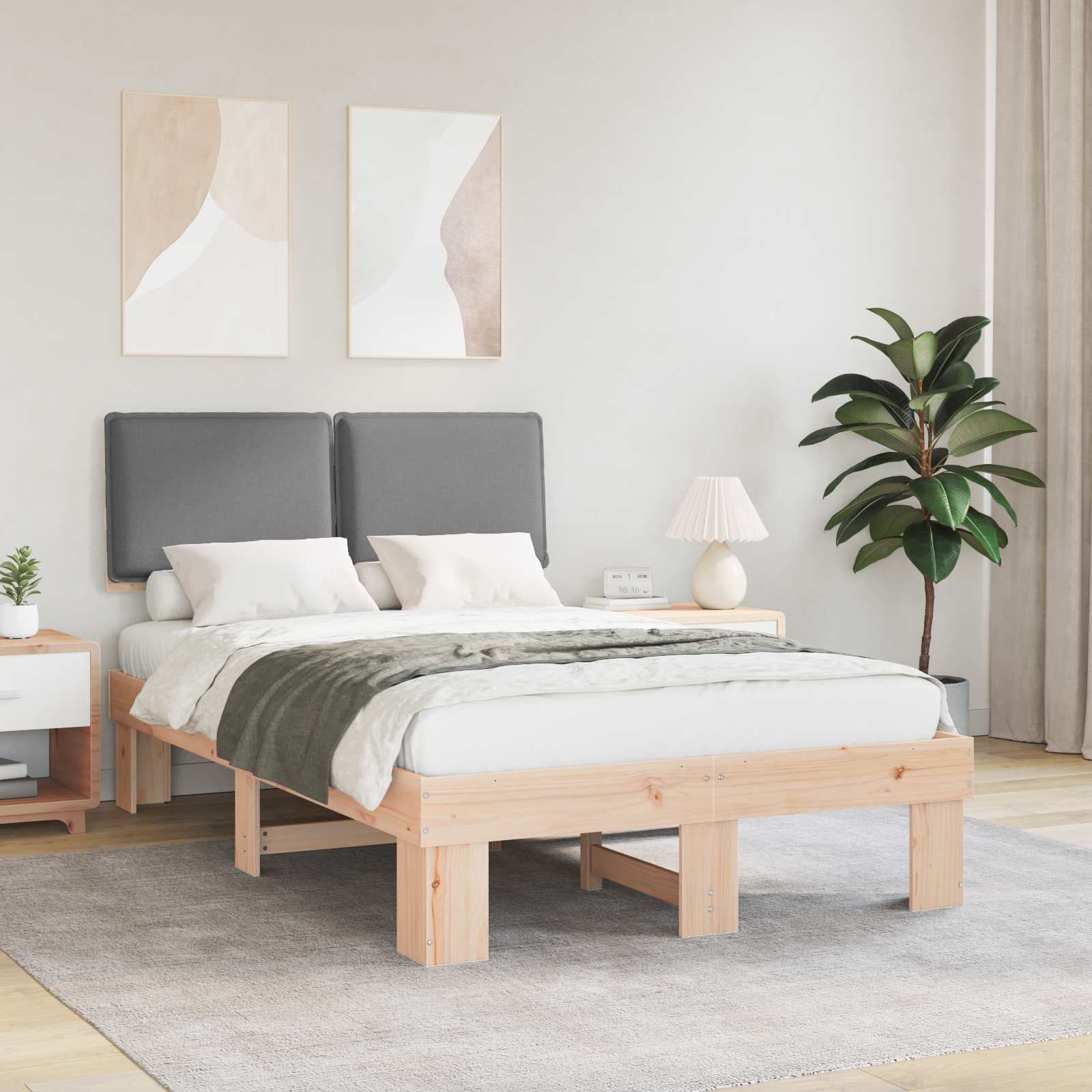 Estrutura de cama com cabeceira estofada cinzento-claro