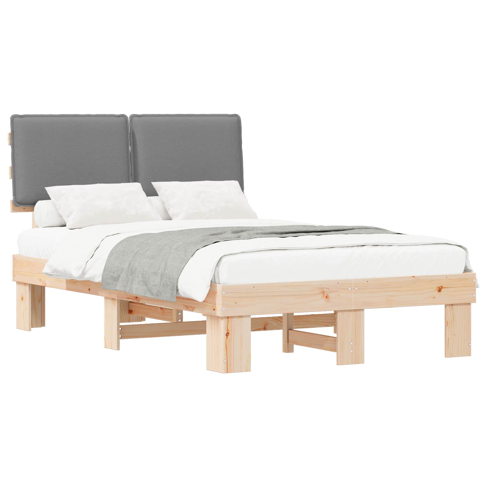 Estrutura de cama com cabeceira estofada cinzento-claro