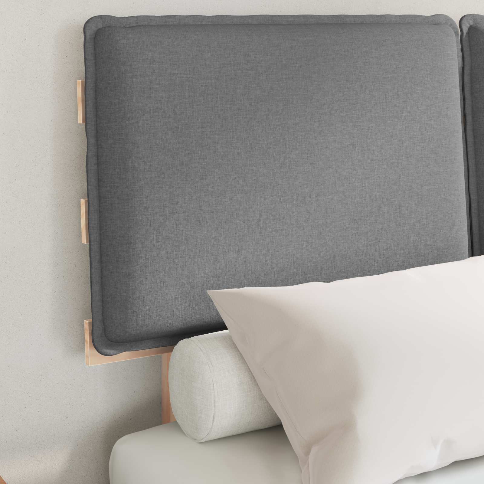 Estrutura de cama com cabeceira estofada cinzento-claro