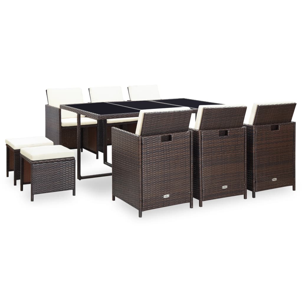 11 Pcs conjunto jantar exterior com almofadões vime PE castanho