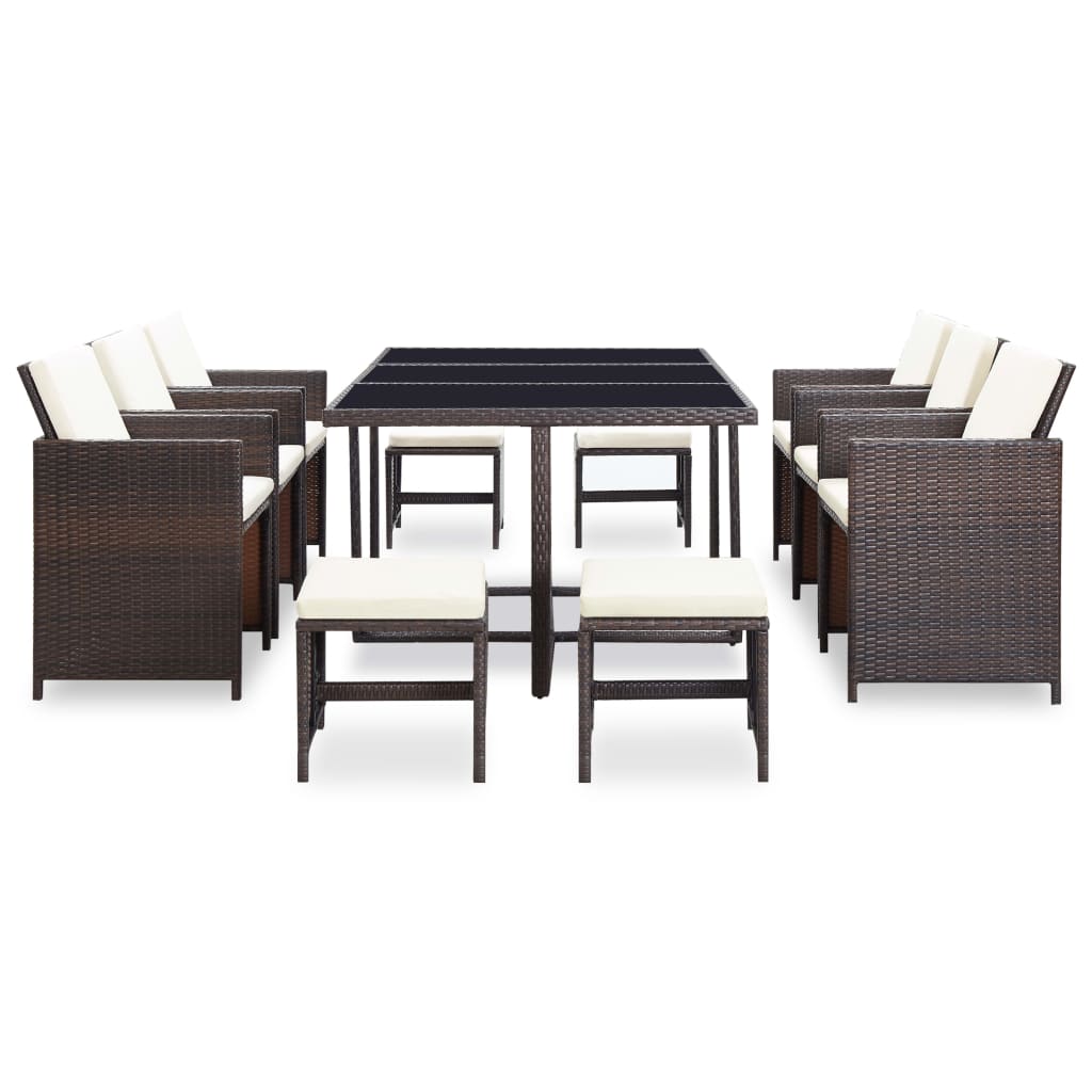 11 Pcs conjunto jantar exterior com almofadões vime PE castanho