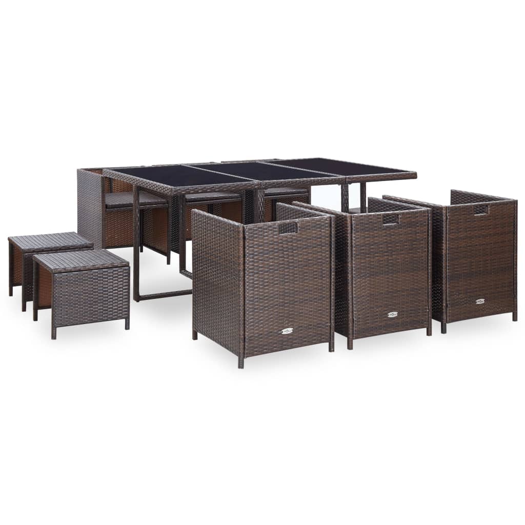 11 Pcs conjunto jantar exterior com almofadões vime PE castanho