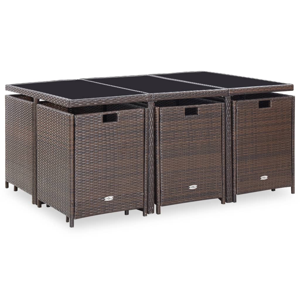 11 Pcs conjunto jantar exterior com almofadões vime PE castanho