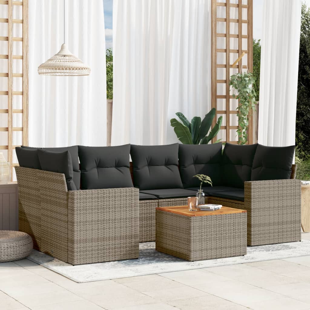 7 Pcs conjunto sofás p/ jardim c/ almofadões vime PE cinzento
