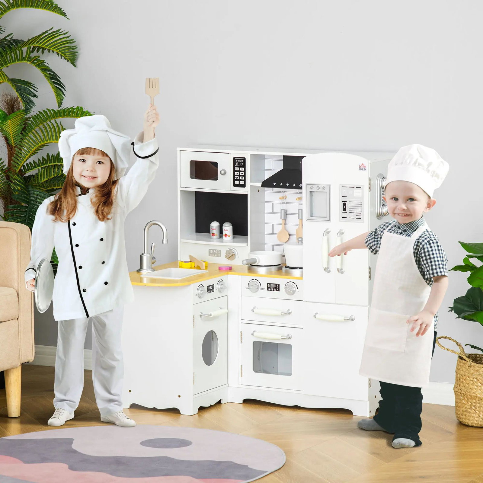 Cozinha Infantil de Madeira para Crianças de 3-6 Anos com Sons 14 Acessórios Cozinha Infantil com Telefone Lavatório Microondas