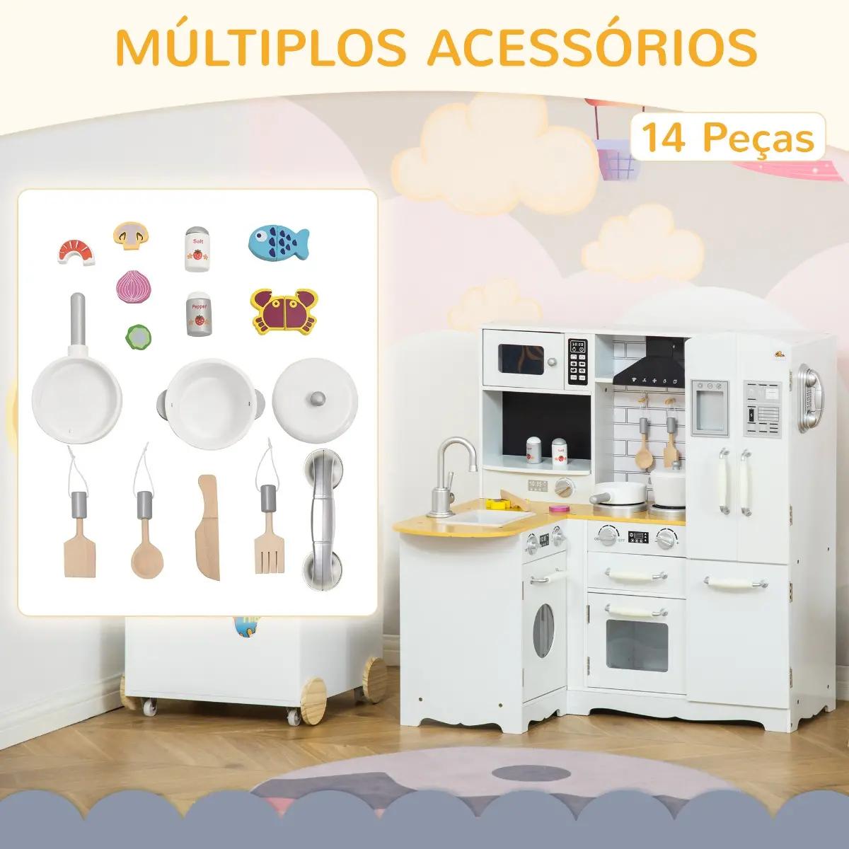 Cozinha Infantil de Madeira para Crianças de 3-6 Anos com Sons 14 Acessórios Cozinha Infantil com Telefone Lavatório Microondas