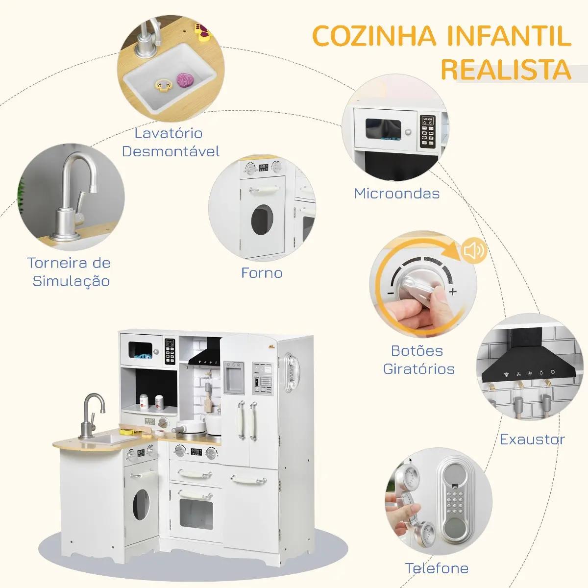 Cozinha Infantil de Madeira para Crianças de 3-6 Anos com Sons 14 Acessórios Cozinha Infantil com Telefone Lavatório Microondas