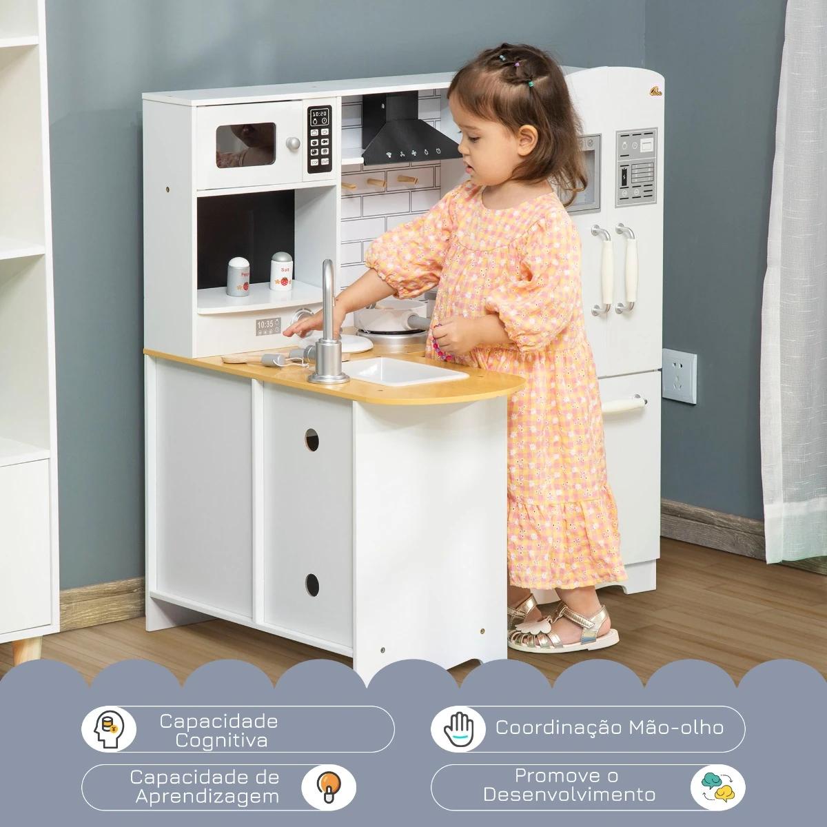 Cozinha Infantil de Madeira para Crianças de 3-6 Anos com Sons 14 Acessórios Cozinha Infantil com Telefone Lavatório Microondas