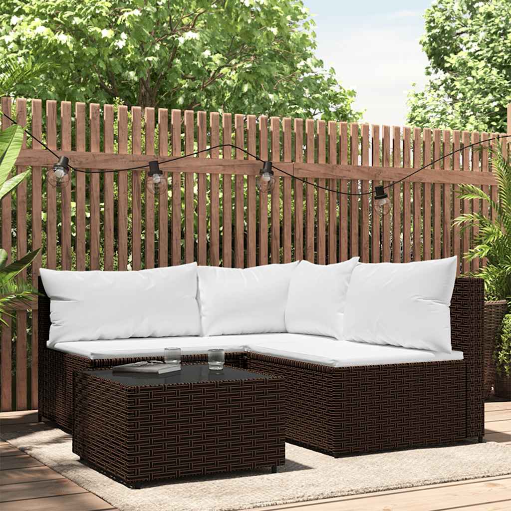 4 Pcs conjunto lounge jardim c/ almofadões vime PE castanho