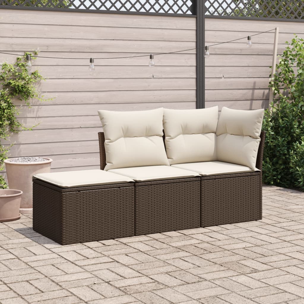 3 Pcs conjunto sofás de jardim com almofadões vime PE castanho