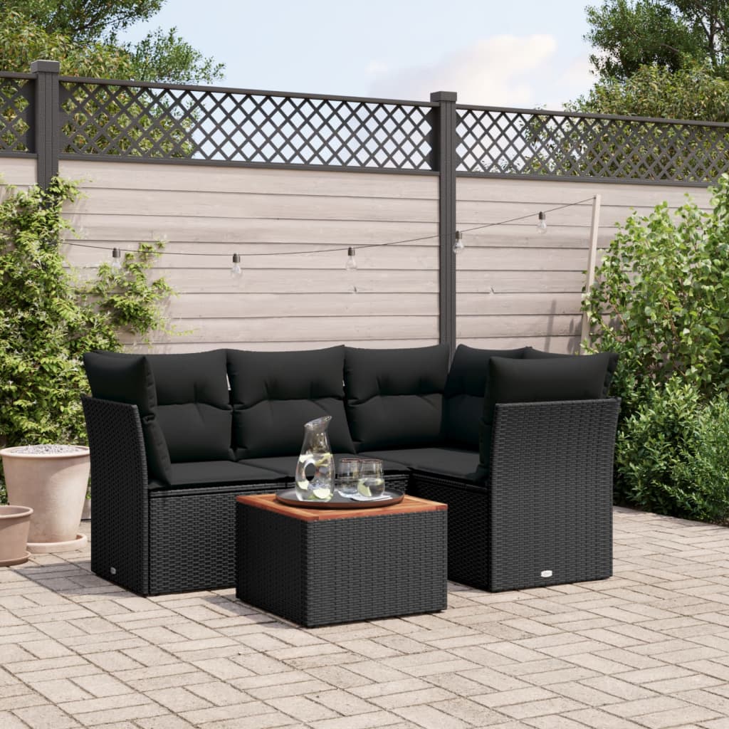 5 Pcs conjunto sofás de jardim com almofadões vime PE preto