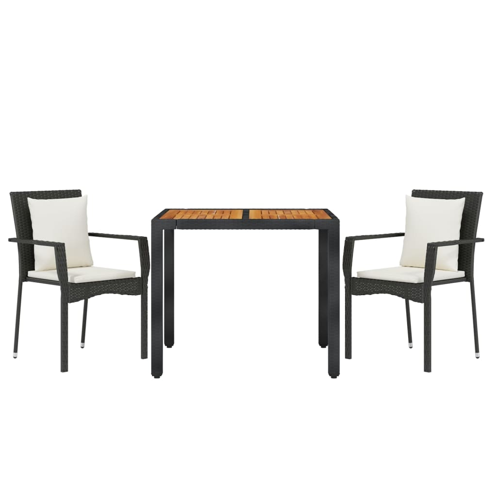 3 Pcs conjunto de jantar p/ jardim c/ almofadões vime PE preto