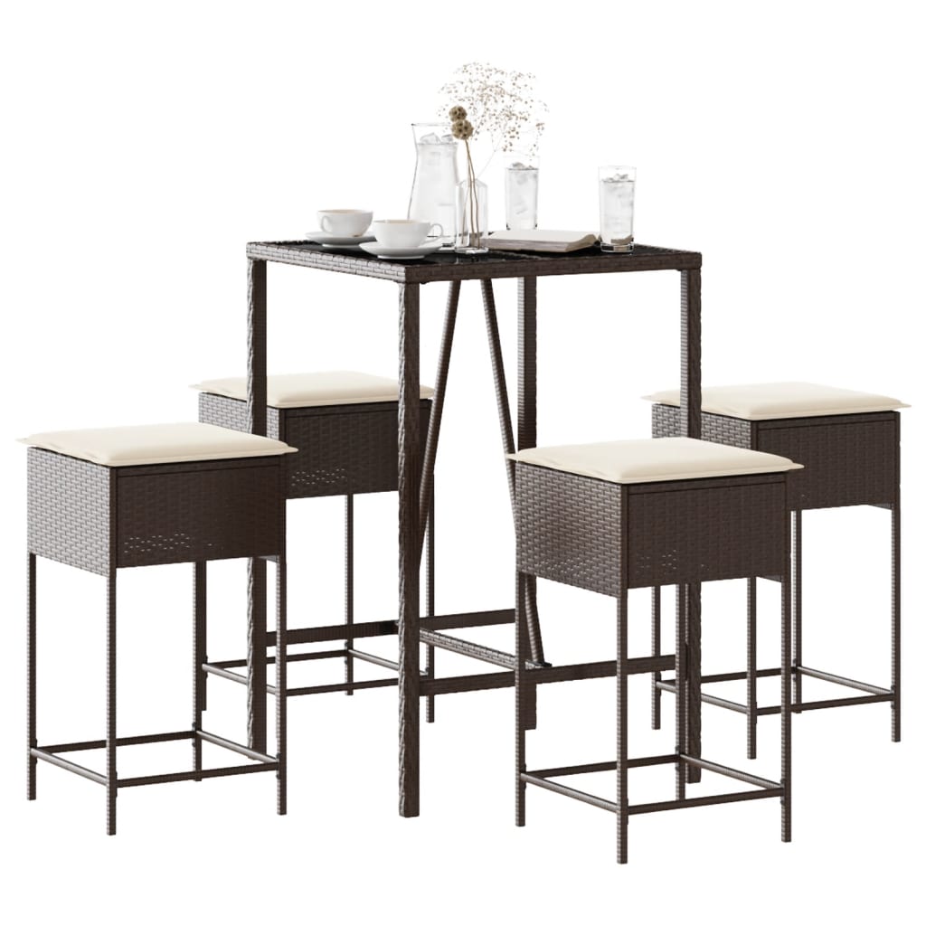5 Pcs conjunto de bar p/ jardim c/ almofadões vime PE castanho