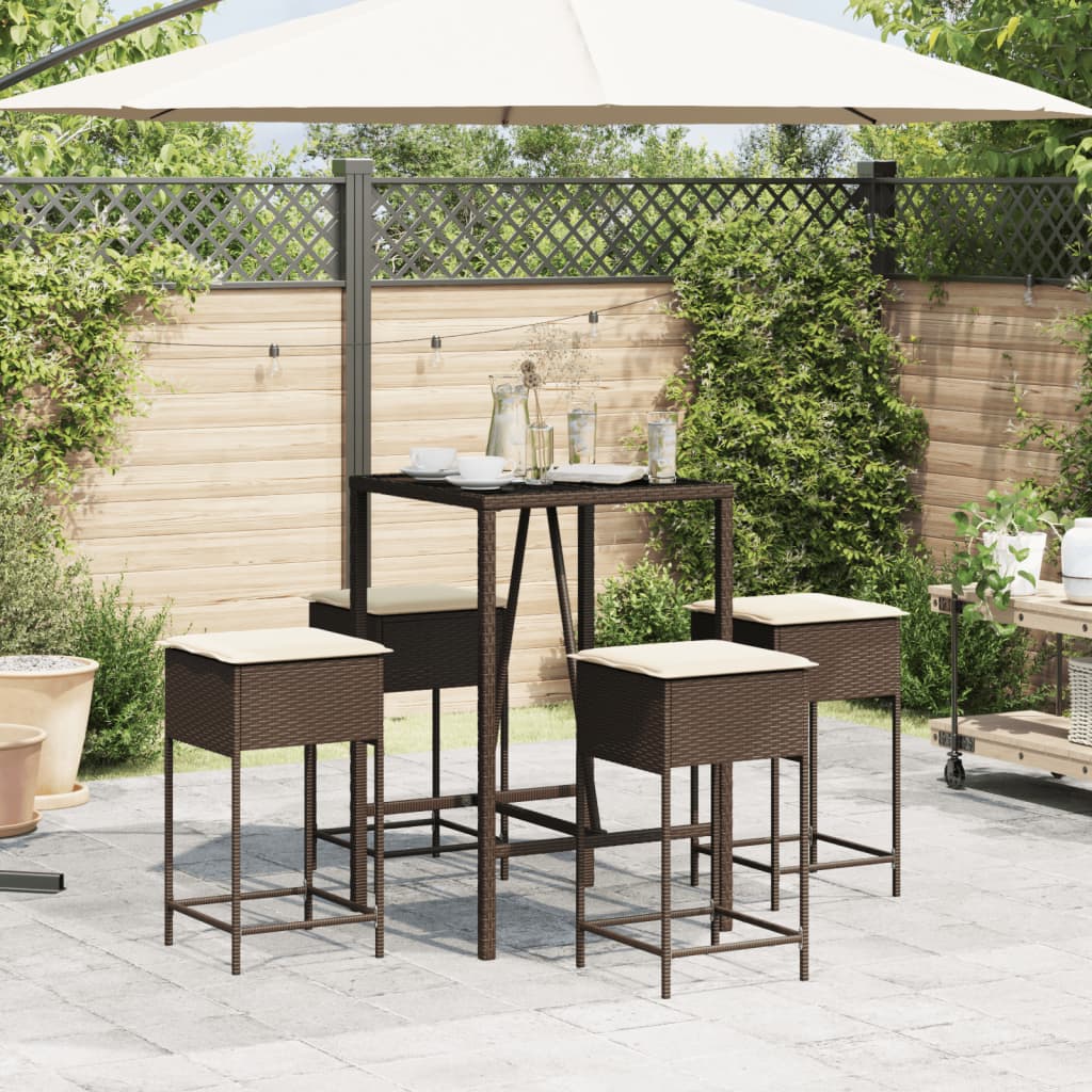 5 Pcs conjunto de bar p/ jardim c/ almofadões vime PE castanho