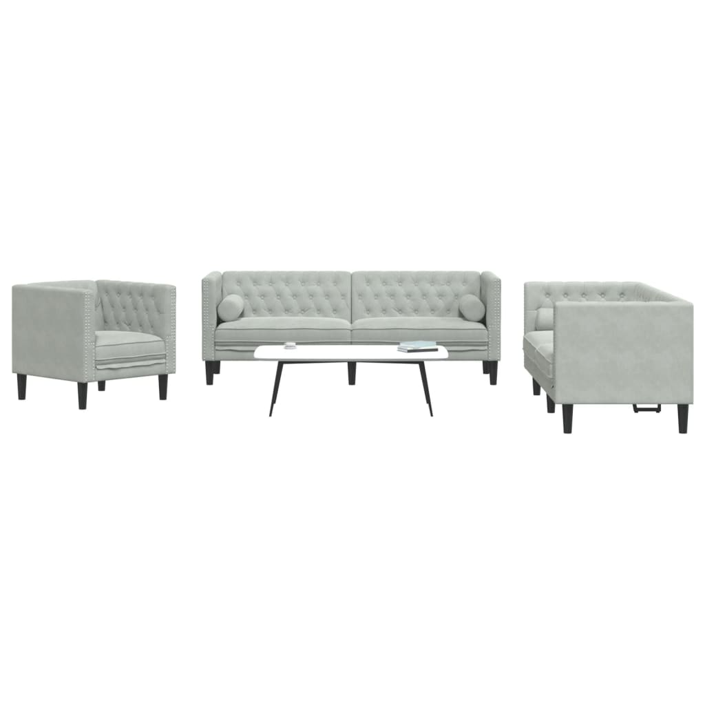 3 Pcs conj. de sofás chesterfield com rolos veludo cinza-claro