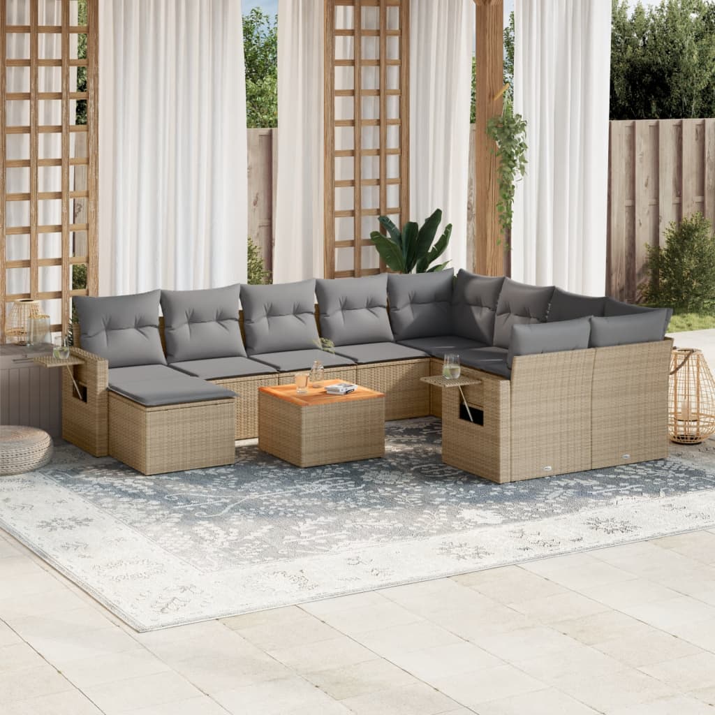 11 Pcs conjunto sofás de jardim c/ almofadões vime PE bege